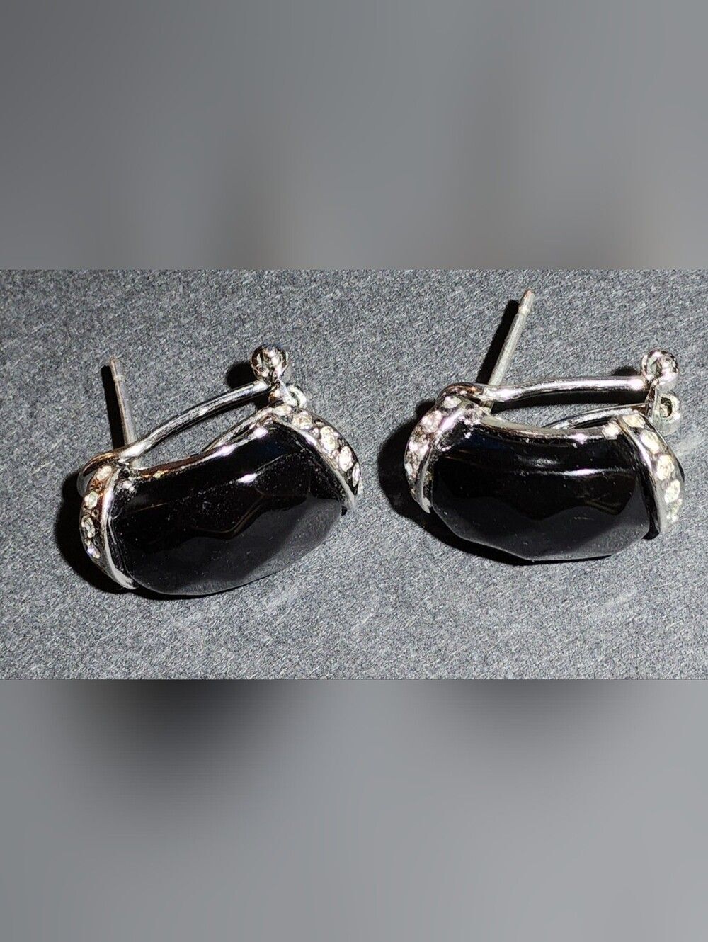 Vintage Italian Sterling Silver Whitby Jet and Cz Huggie Earrings
